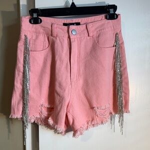 Blue B Collection Pink Distressed Rhinestone Fring Jean Shorts –Size Small – NWT